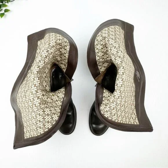 Tory Burch The Eloise Tall logo Riding Boot Leather Deep Brown w Gold details 7 - Picture 9 of 11